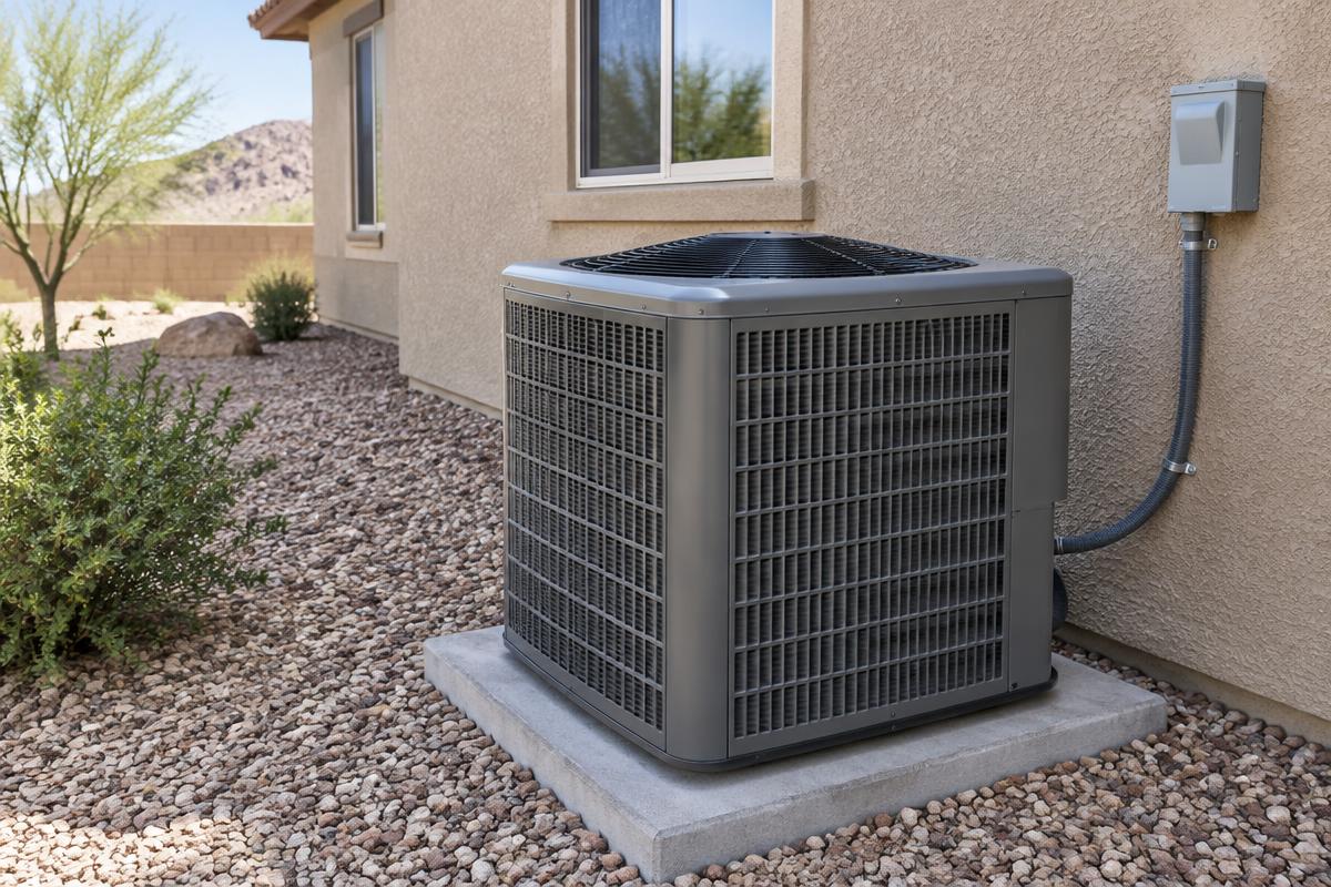 Representative photo: newly installed AC condenser on a concrete pad beside a desert home