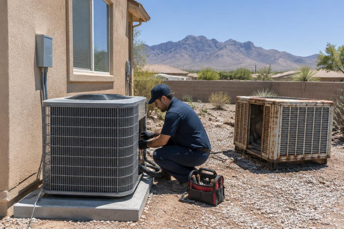 Representative photo: a new refrigerated air condenser being set outside a desert home with an old evaporative cooler nearby